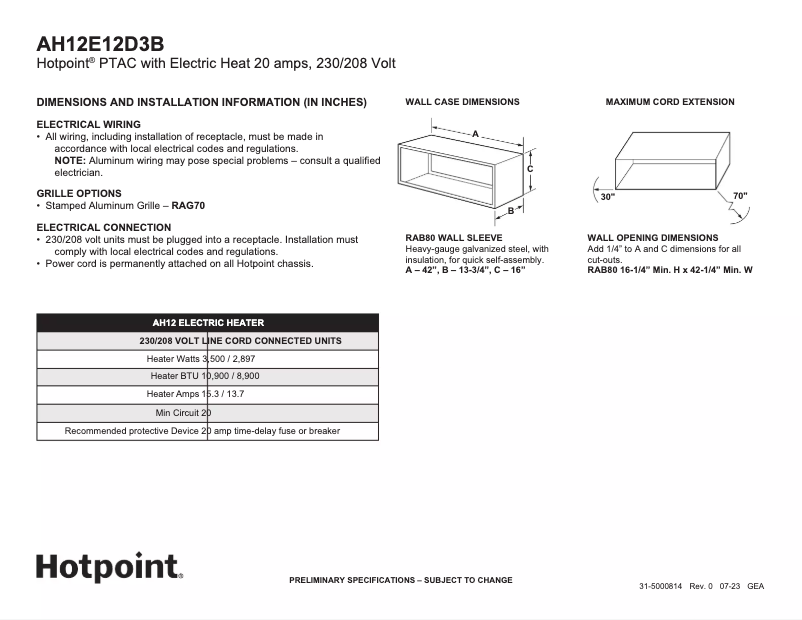 Page 1 of the manual Technical Sheet Hotpoint AH12E12D3B