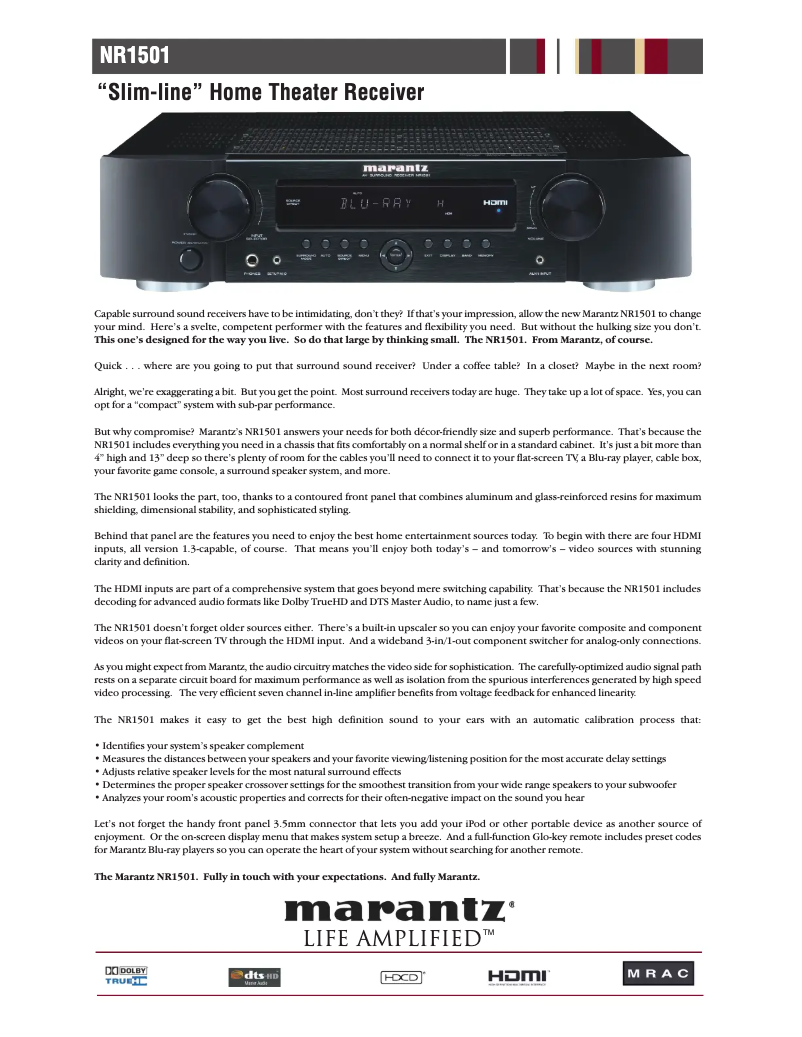 Page 1 of the manual Technical Sheet Marantz NR1501