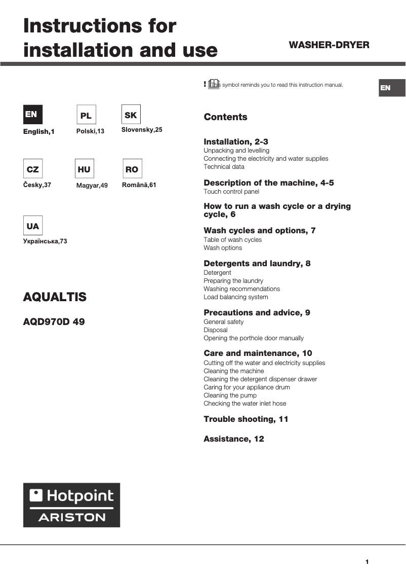 First page image of the manual for AQD970D 49 EU/B