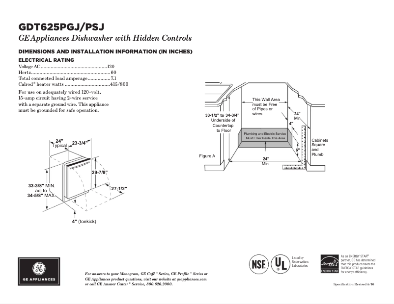 Page 1 of the manual Technical Sheet GE GDT625PGJWW