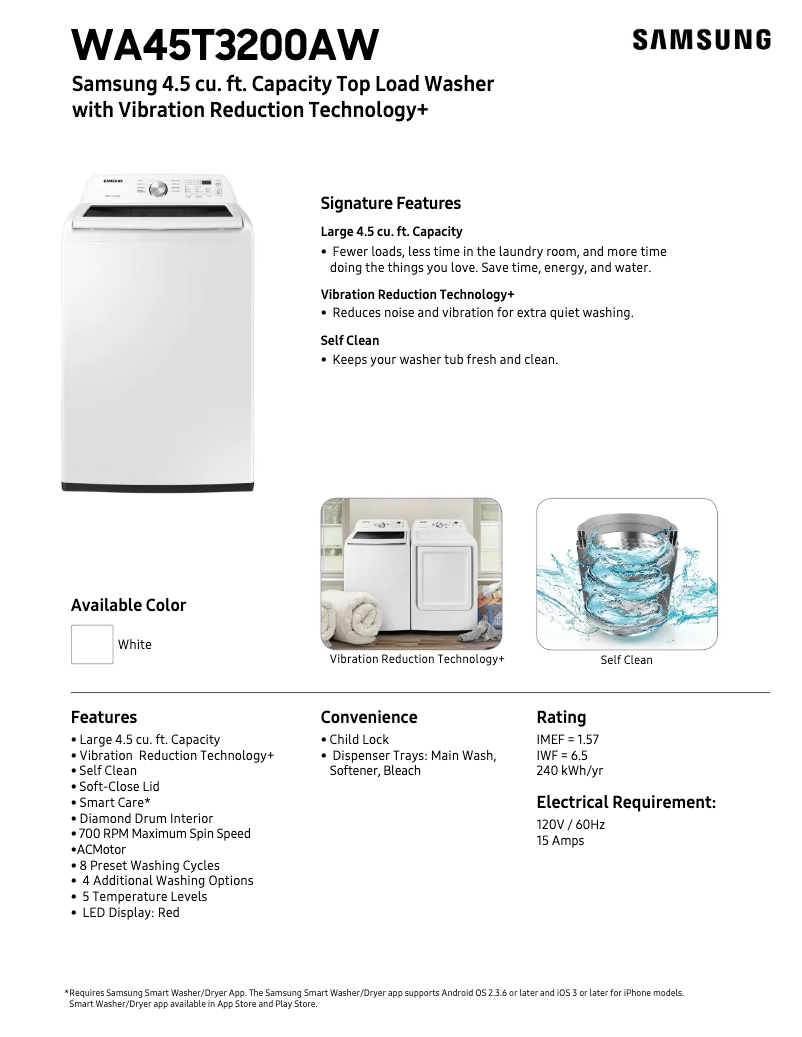 Page 1 of the manual Technical Sheet Samsung WA45T3200AW