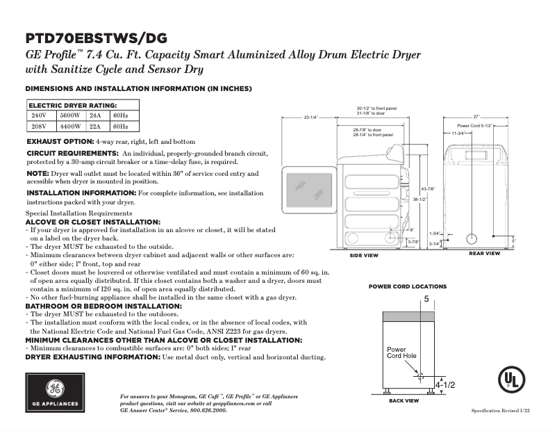 Page 1 of the manual Technical Sheet GE Profile PTD70EBSTWS