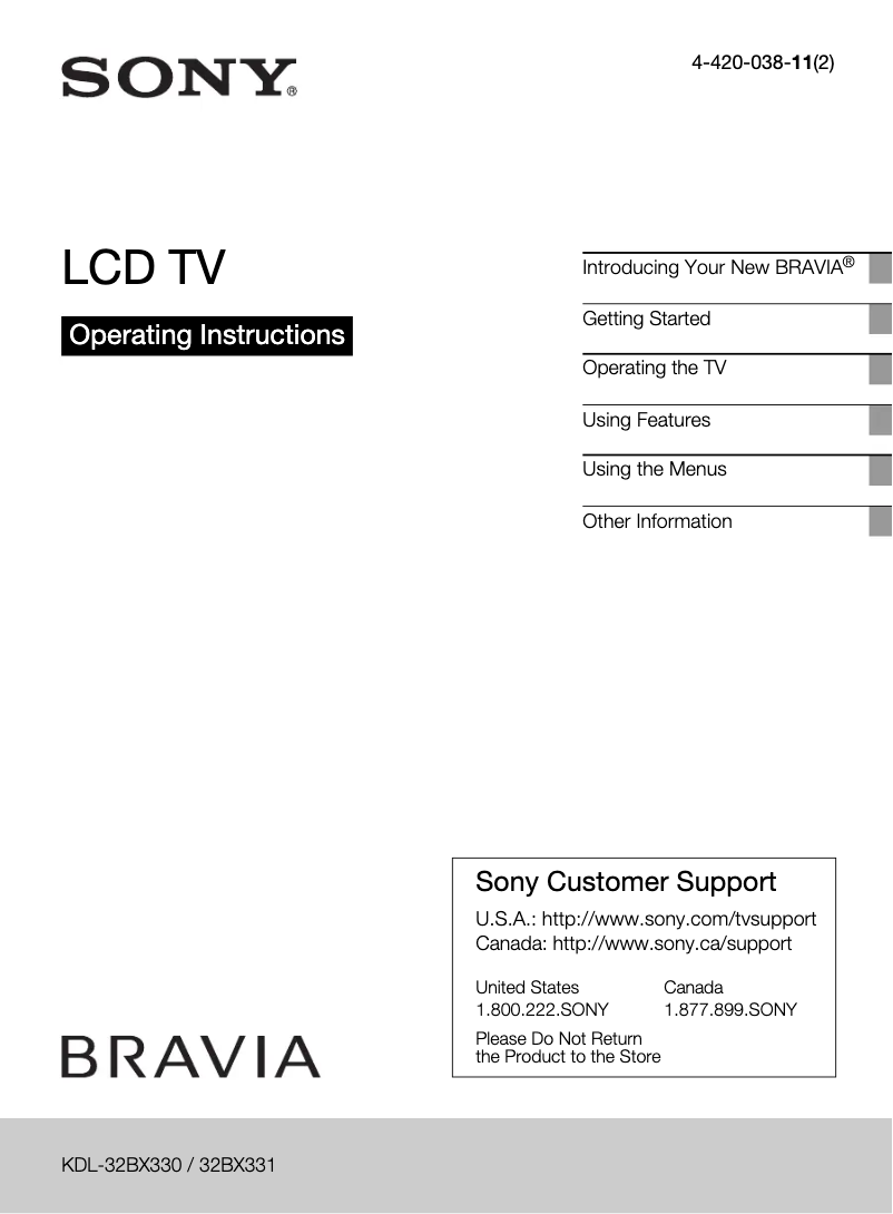 Page 1 of the manual User Manual Sony Bravia KDL-32BX331