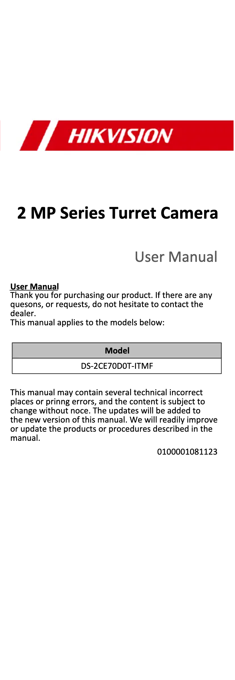 First page image of the manual for DS-2CE70D0T-ITMF