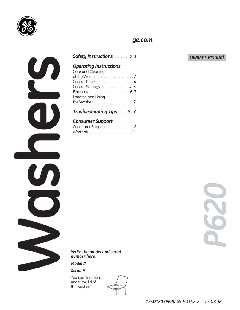First page image of the manual for EWA5600KWW