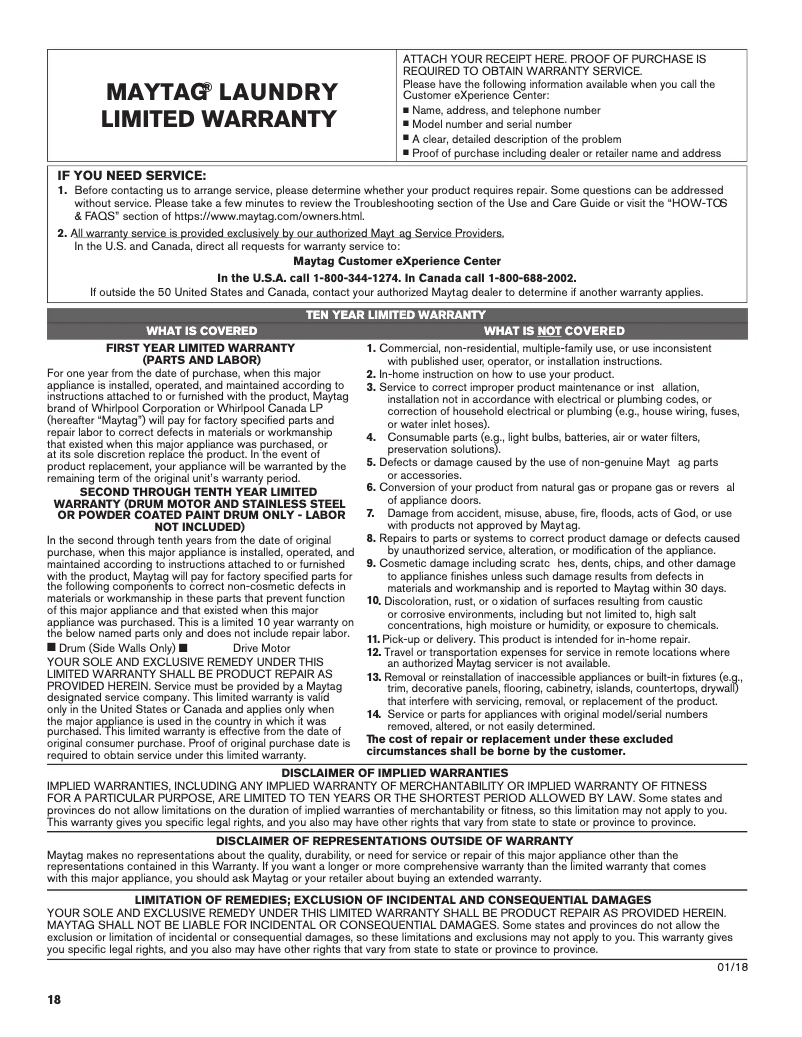 Page 1 of the manual Warranty Information Maytag MED8630HC