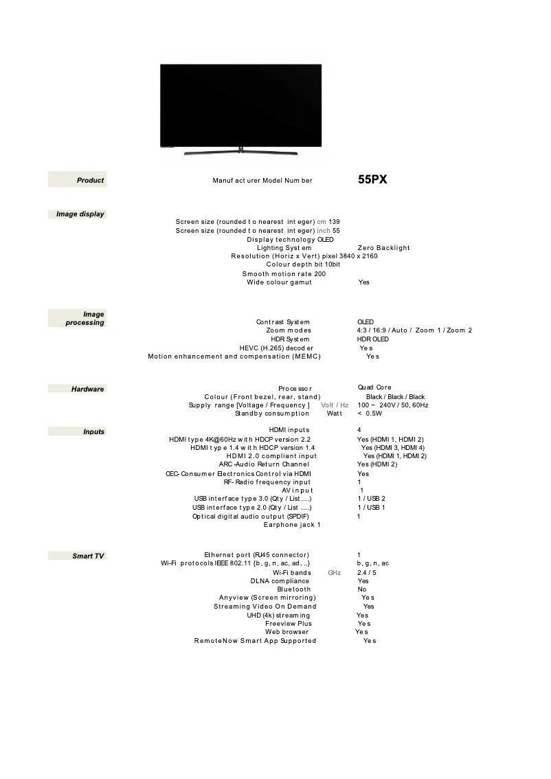 Page 1 of the manual Technical Sheet Hisense 55PX