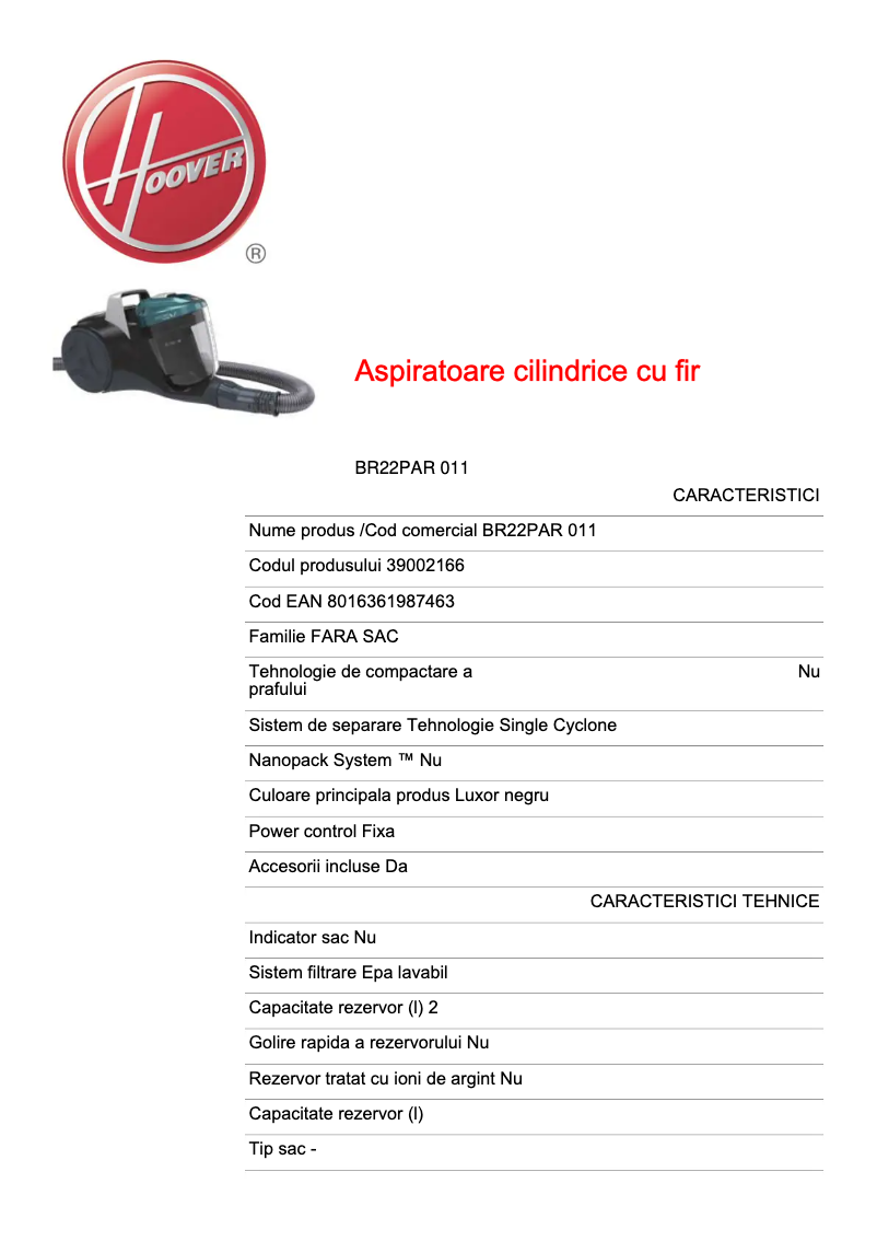 Page 1 of the manual Technical Sheet Hoover Reactiv BR22PAR 011
