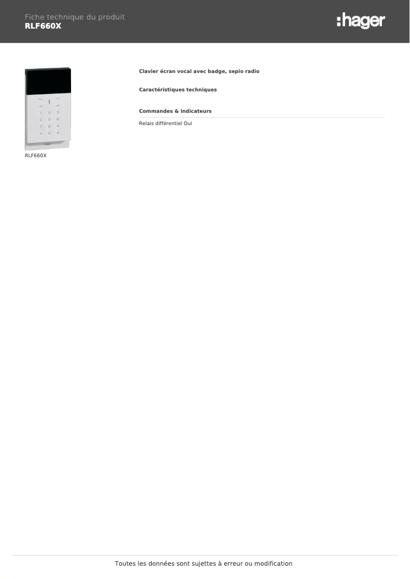 Page 1 of the manual Technical Sheet Hager RLF660X