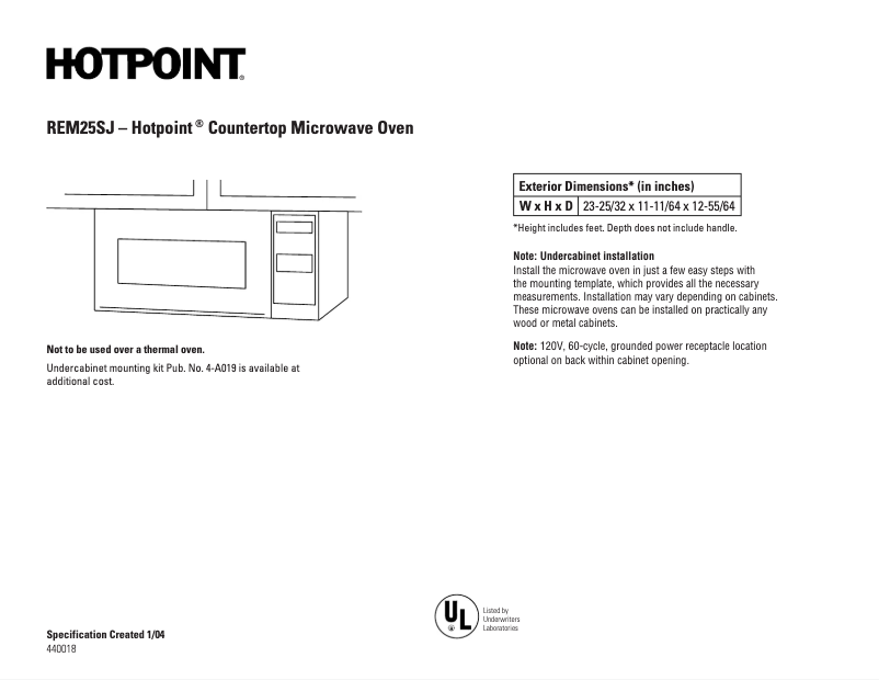 Page 1 of the manual Technical Sheet Hotpoint REM25SJ