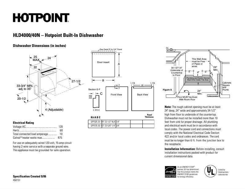 Page 1 of the manual Technical Sheet GE HLD4000NWW