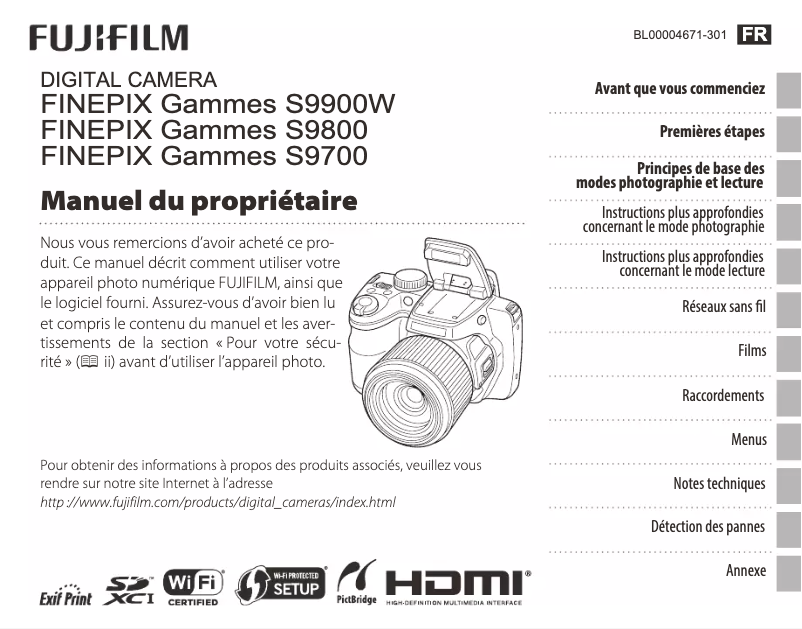 Page 1 de la notice Manuel utilisateur Fujifilm FinePix S9900W