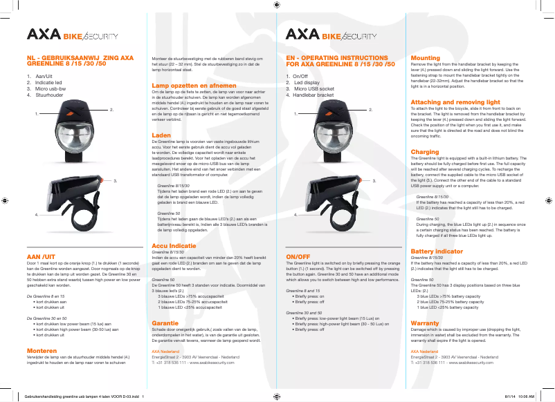 Page 1 de la notice Manuel utilisateur AXA Greenline 30