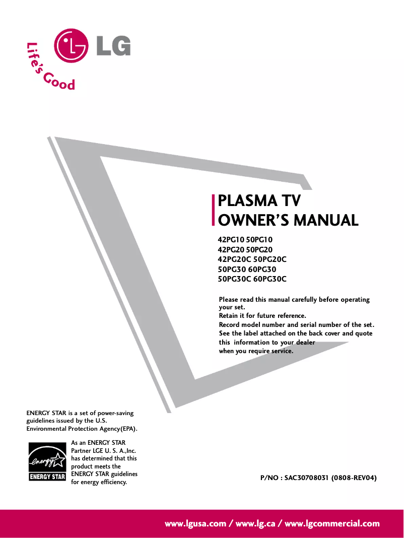 First page image of the manual for 42PG20C