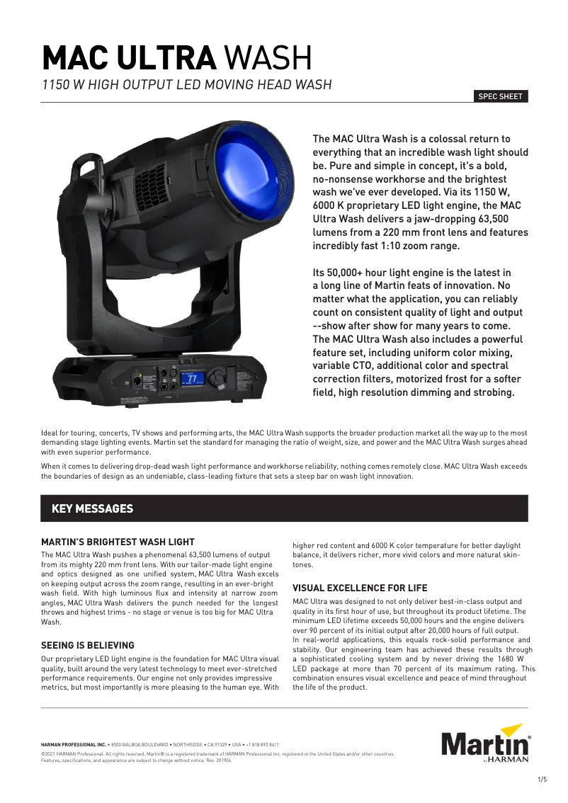 Page 1 of the manual Technical Sheet Martin MAC Ultra Wash