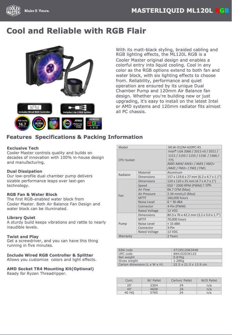 First page image of the manual for MasterLiquid ML120L RGB