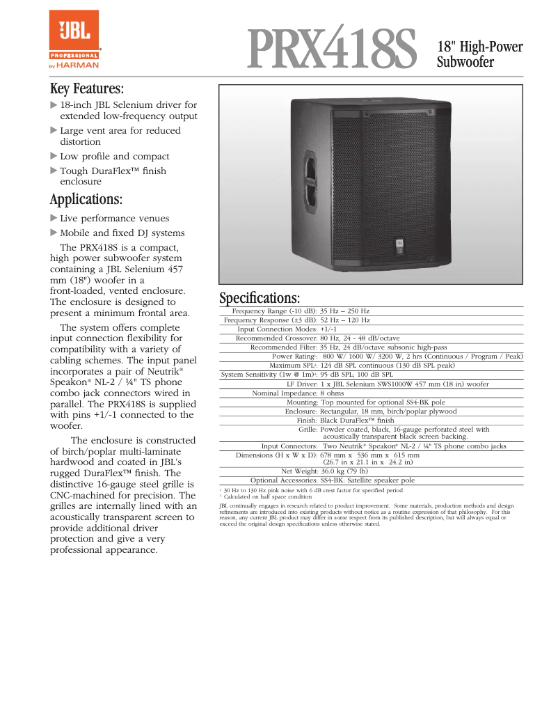Page 1 of the manual Technical Sheet JBL PRX418S