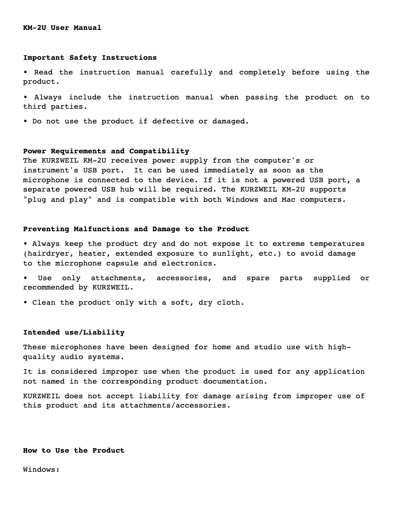 Page 1 of the manual User Manual Kurzweil KM-2U