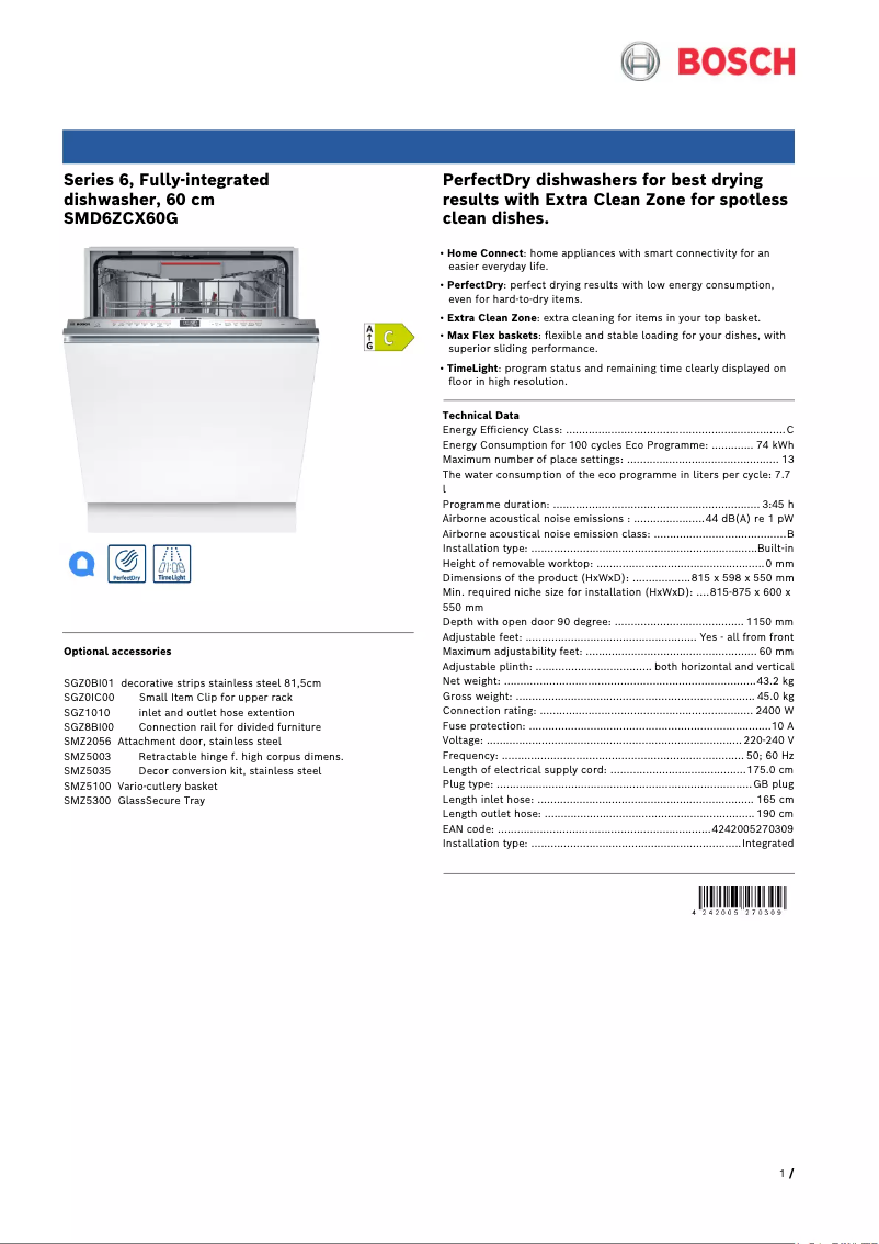 Page 1 of the manual Technical Sheet Bosch SMD6ZCX60G