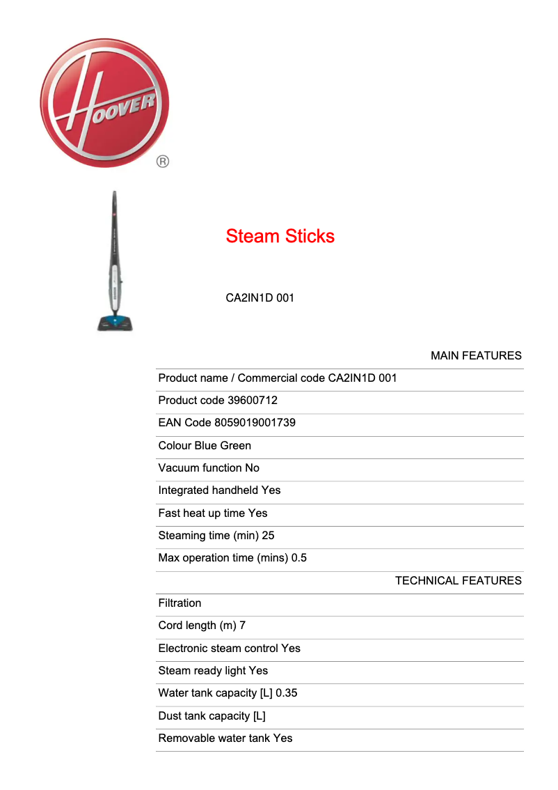 Page 1 of the manual Technical Sheet Hoover Steam Capsule CA2IN1D