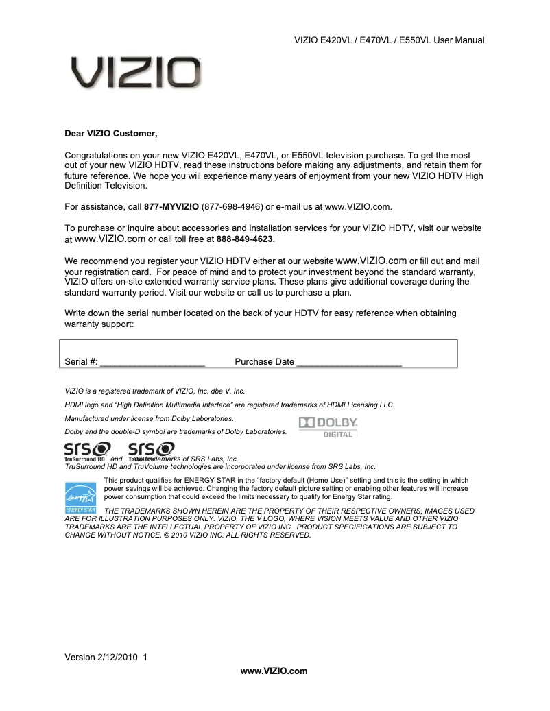 Page 1 de la notice Manuel utilisateur VIZIO E470VL