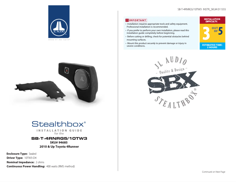 Page 1 of the manual User Manual JL Audio Stealthbox SB-T-4RNRG5/10TW3