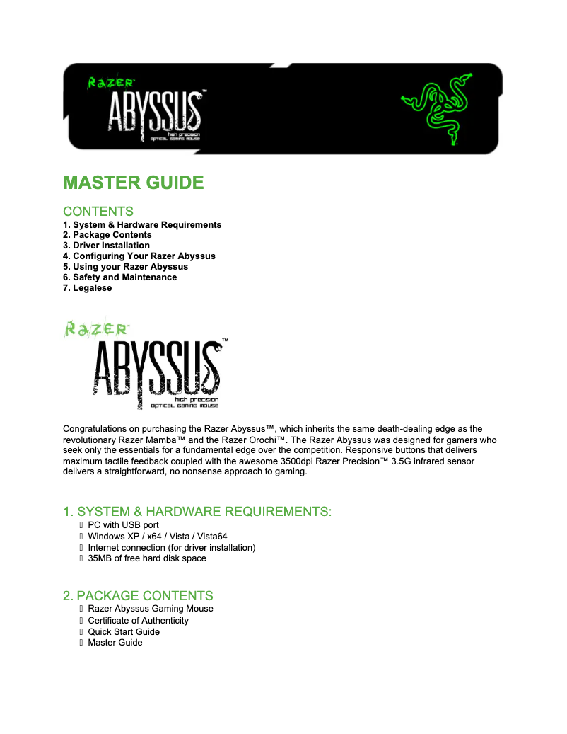 Page 1 of the manual User Manual Razer Abyssus Mirror