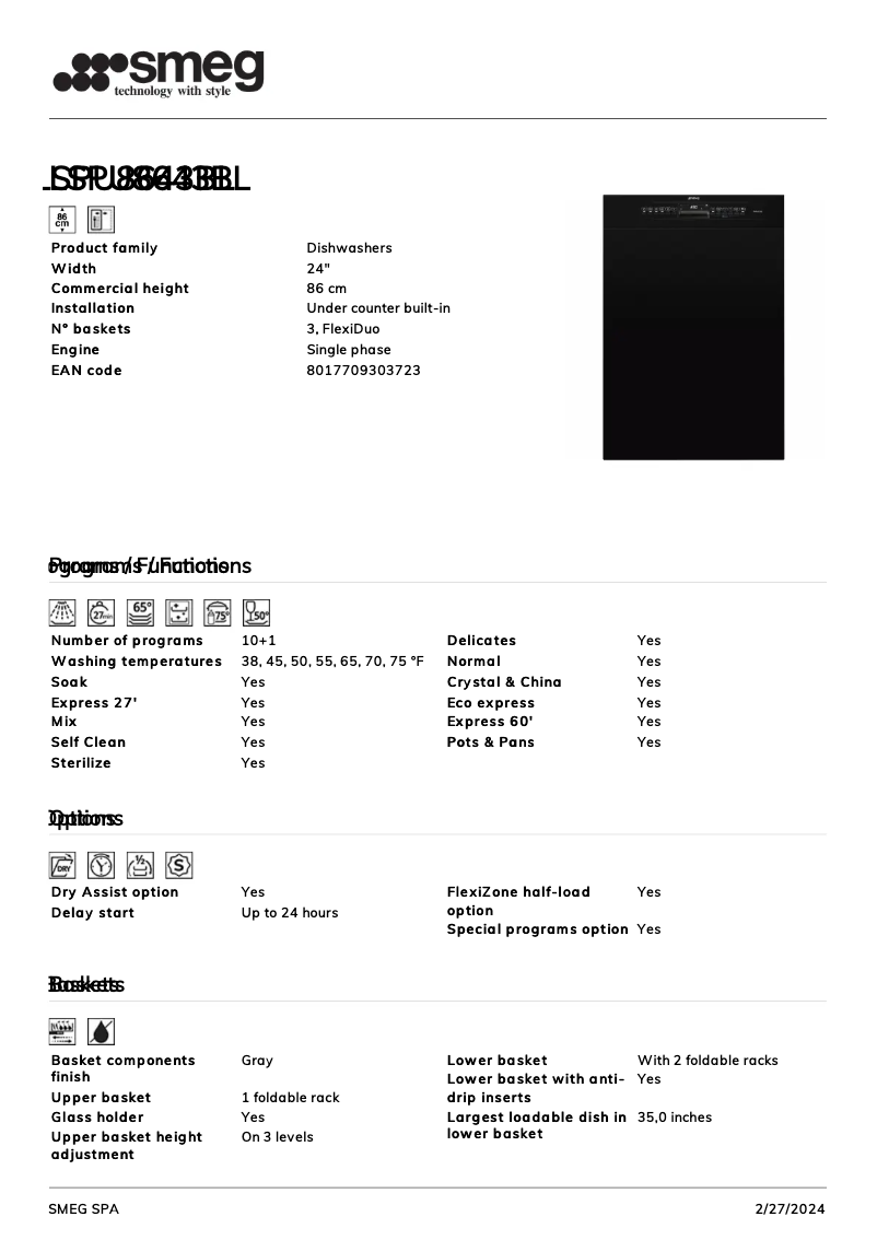 Page 1 of the manual Technical Sheet Smeg LSPU8643BL