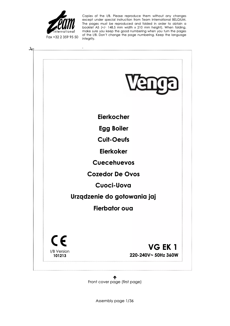 Page 1 of the manual User Manual Venga VG EK 1