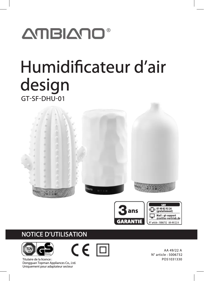 First page image of the manual for GT-SF-DHU-01