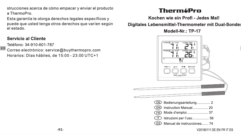 Page 1 of the manual User Manual ThermoPro TP-17