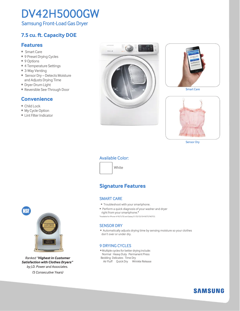 Page 1 of the manual Technical Sheet Samsung DV42H5000GW