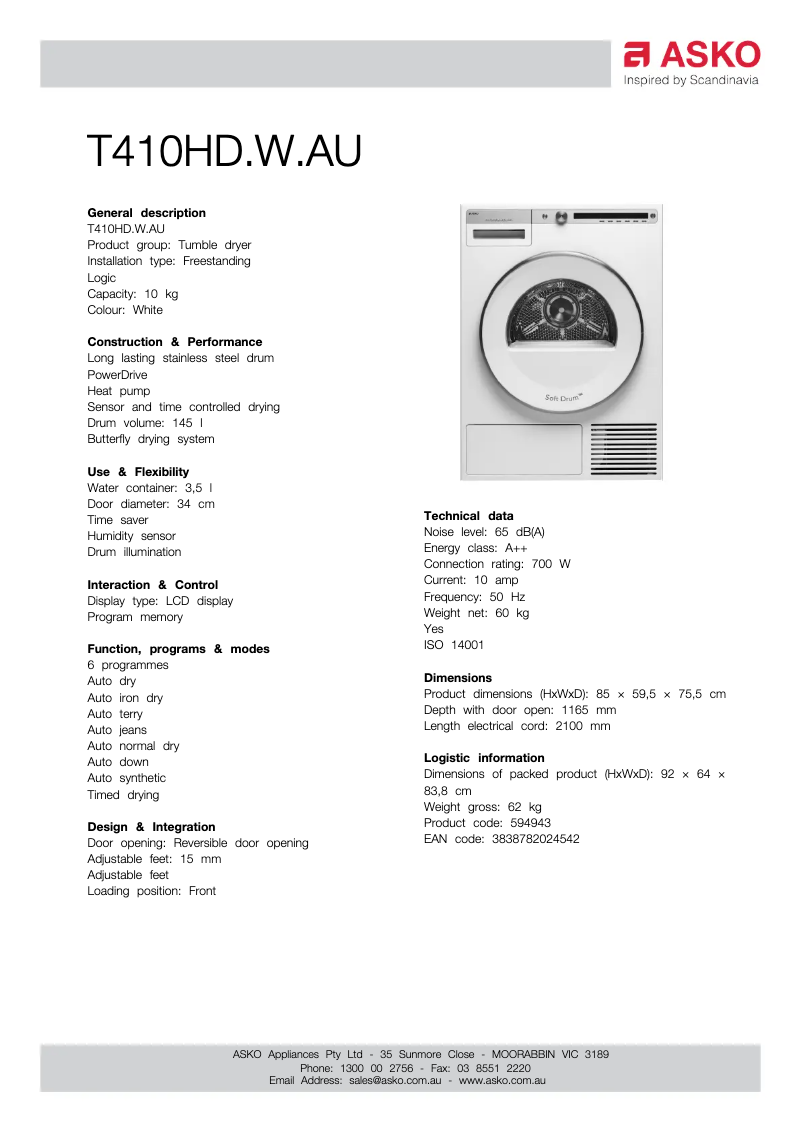 Page 1 of the manual Technical Sheet Asko T410HD.W