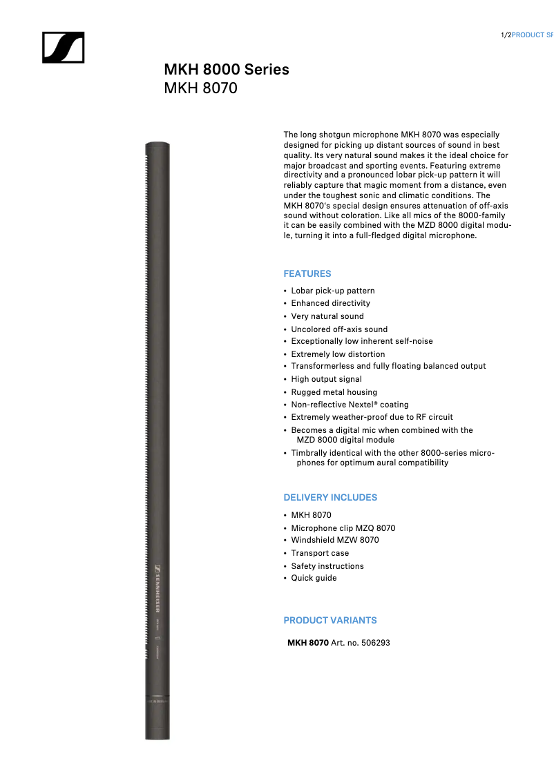 Page 1 of the manual Technical Sheet Sennheiser MKH 8070
