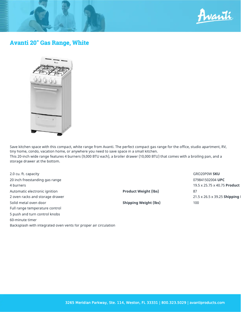 Page 1 of the manual Technical Sheet Avanti GRO20P0W