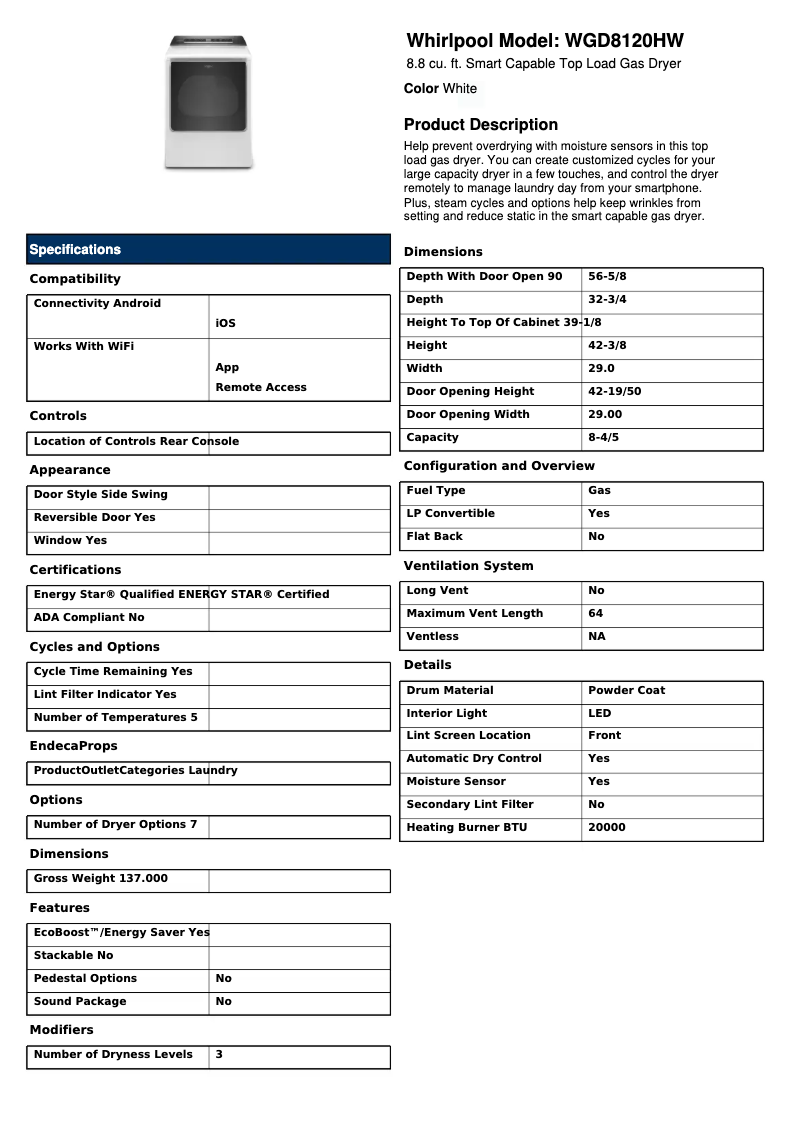 Page 1 of the manual Technical Sheet Whirlpool WGD8120HW