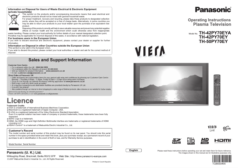 Page 1 of the manual User Manual Panasonic Viera TH-42PY70EYA