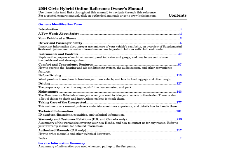 Page 1 of the manual User Manual Honda Civic Hybrid (2004)
