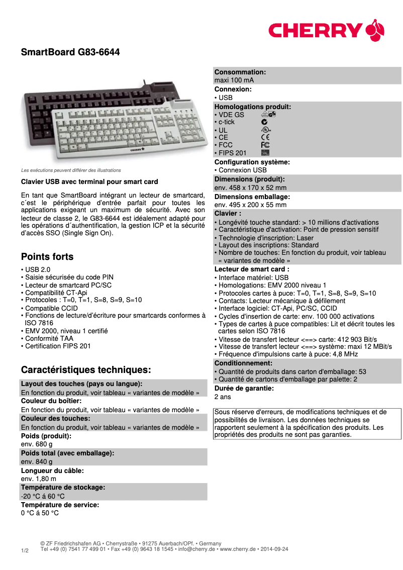 Page 1 of the manual Technical Sheet Cherry SmartBoard G83-6644