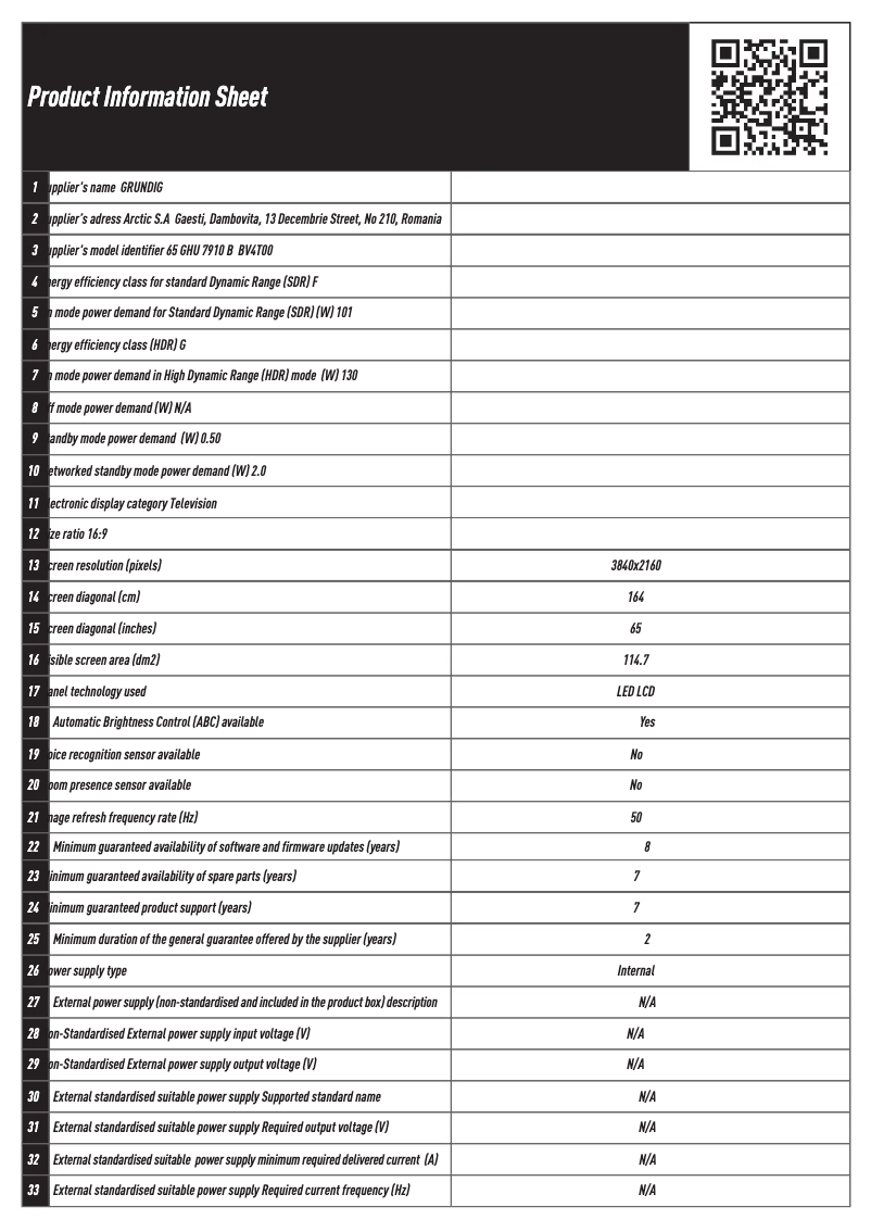 First page image of the manual for 65 GHU 7910 B