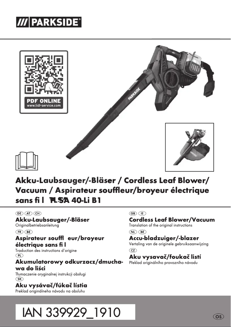 Page 1 of the manual User Manual Parkside PLSA 40-Li B1