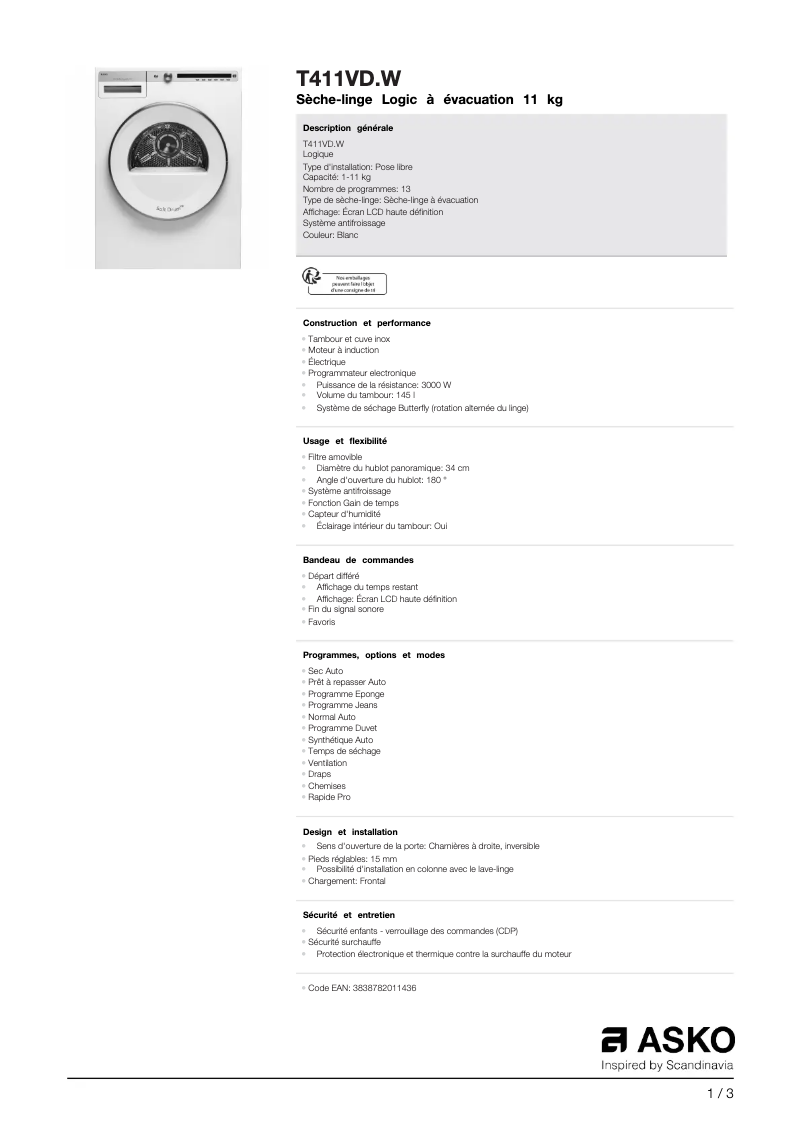 Page 1 of the manual Technical Sheet Asko T411VD.W