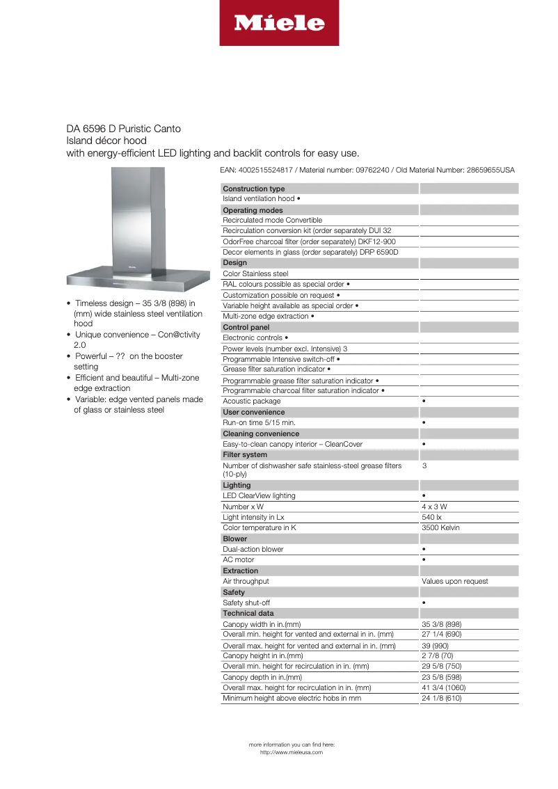 Page 1 of the manual Technical Sheet Miele DA 6596 D