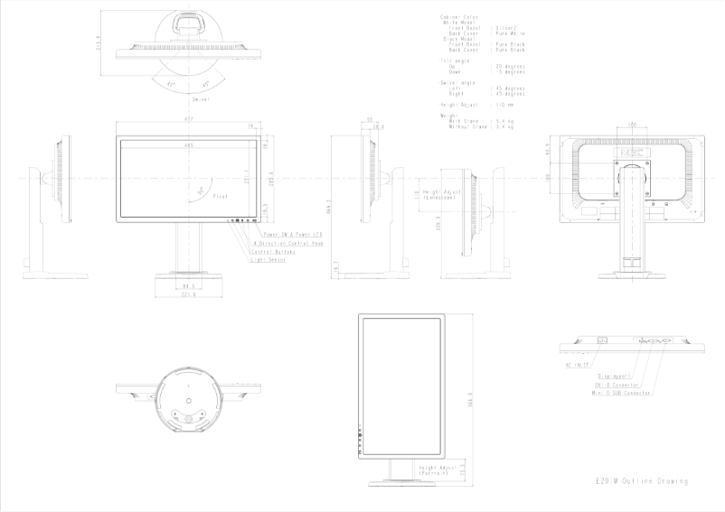 Page 1 of the manual Technical Drawing NEC MultiSync E201W