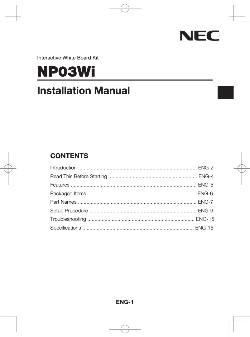 Page 1 de la notice Manuel utilisateur NEC NP03Wi
