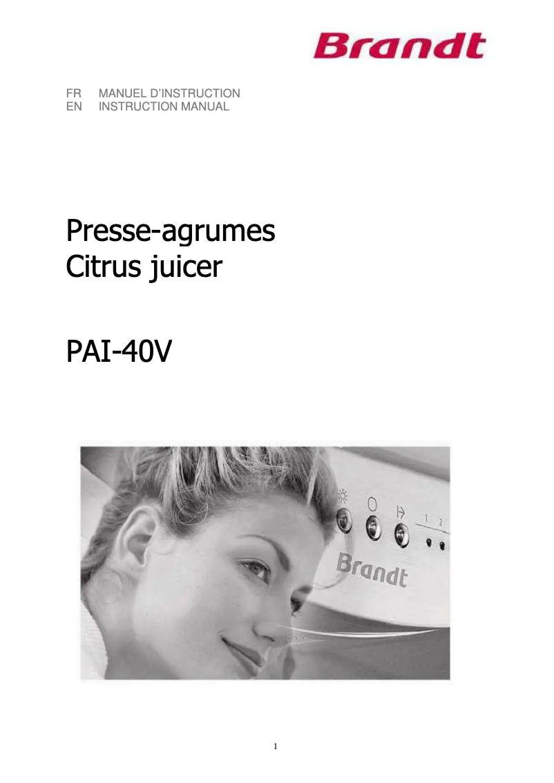 Page 1 de la notice Manuel utilisateur Brandt PAI-40V