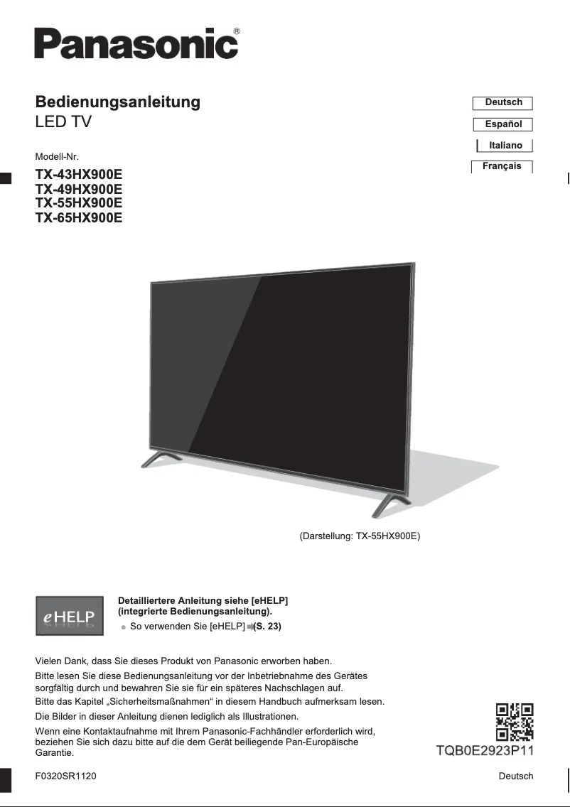 First page image of the manual for TX-65HX900E