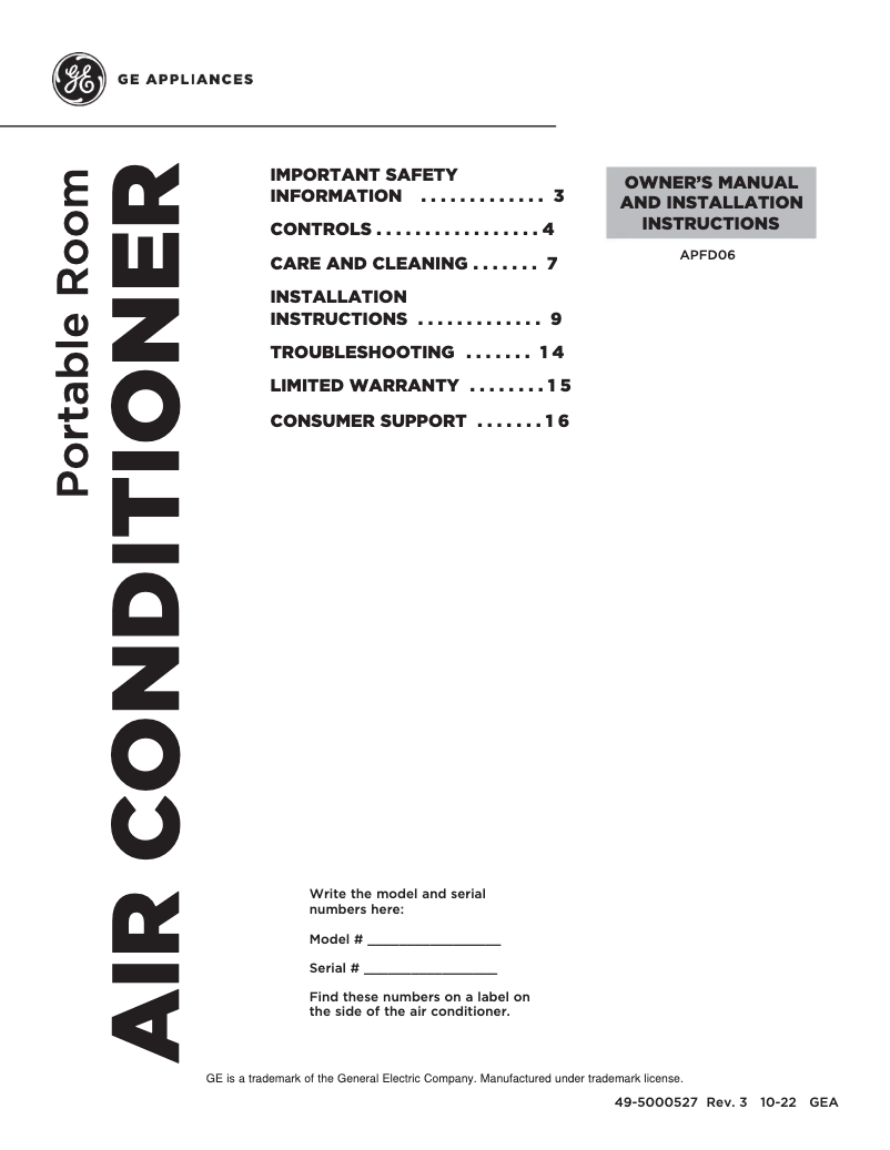 First page image of the manual for APFD06JALW