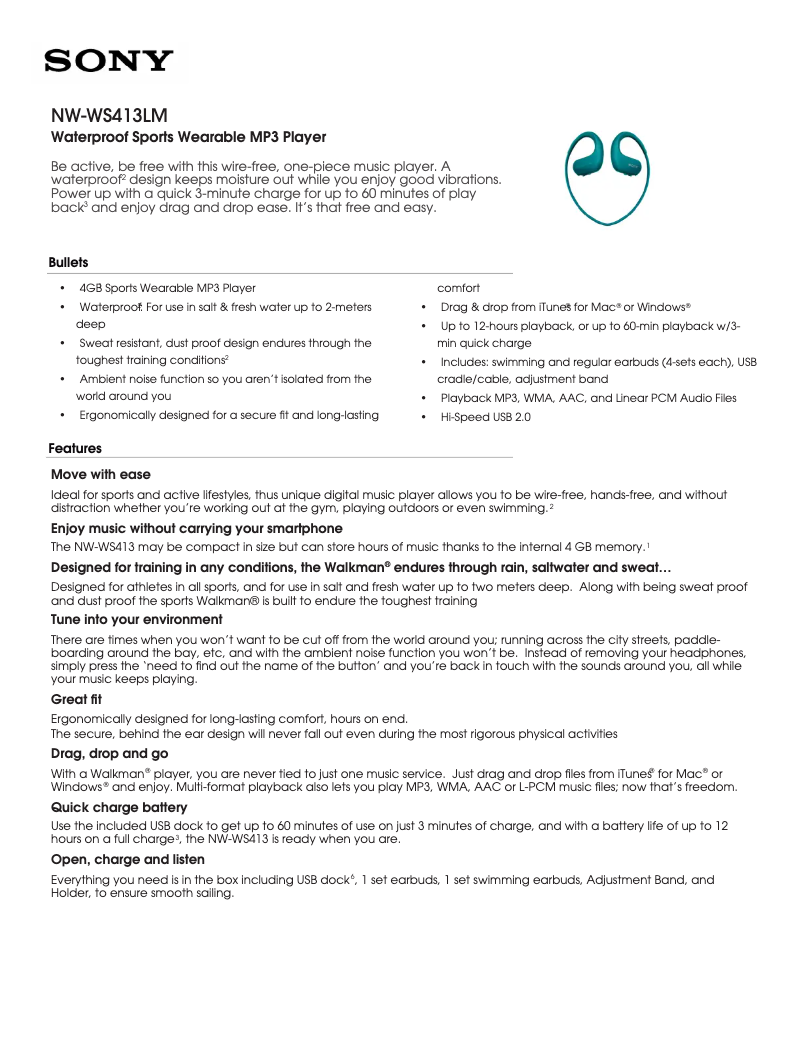 Page 1 of the manual Brochure Sony Walkman NW-WS413