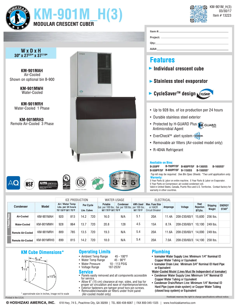 Page 1 of the manual Technical Sheet Hoshizaki KM-901MWH